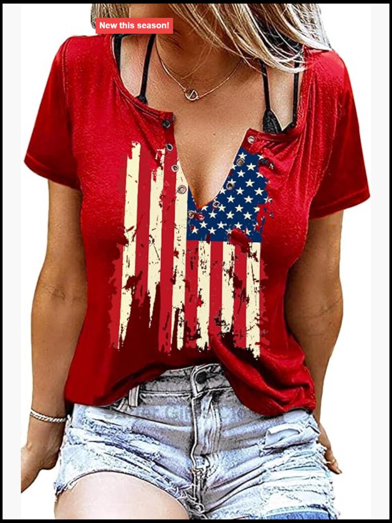 Women's Patriotic V-Neck T-Shirt With Ring Hole Short Sleeve